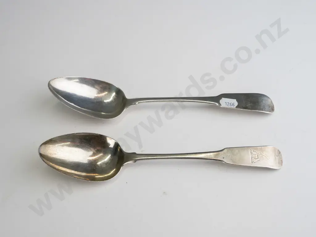 2 large sterling silver spoons - engraved stag head on handles, matching Irish hallmarks, small CFH monogram where Image 1++
