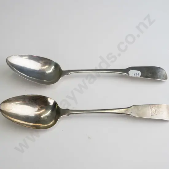 2 large sterling silver spoons - engraved stag head on handles, matching Irish hallmarks, small CFH monogram where