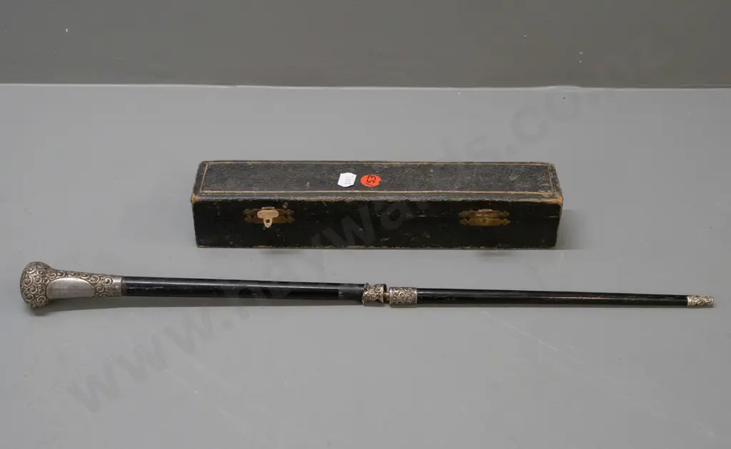 cased presentation folding conductor's baton - ebony with sterling silver fittings, 1922 presentation plaque from Image 1++