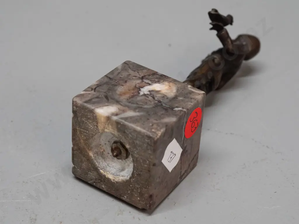 small bronze figure on polished stone base - boy with bird - hard to read markings, see photos H-125 Image 1++