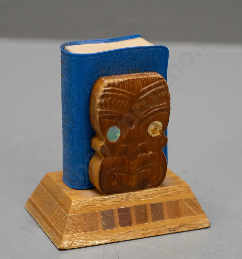 miniature Lilliput Maori Place Names book in mixed timber sovereign ware tiki motif holder - book 1962 AW & AH Reed H-70 Image 1++
