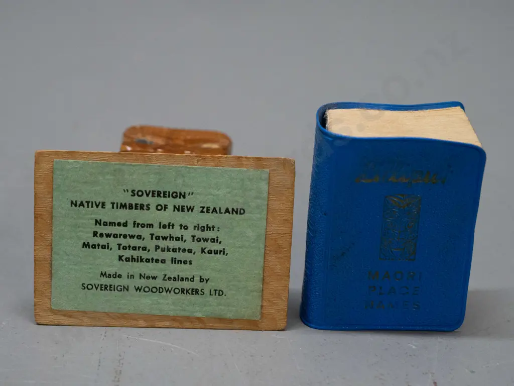miniature Lilliput Maori Place Names book in mixed timber sovereign ware tiki motif holder - book 1962 AW & AH Reed H-70 Image 1++