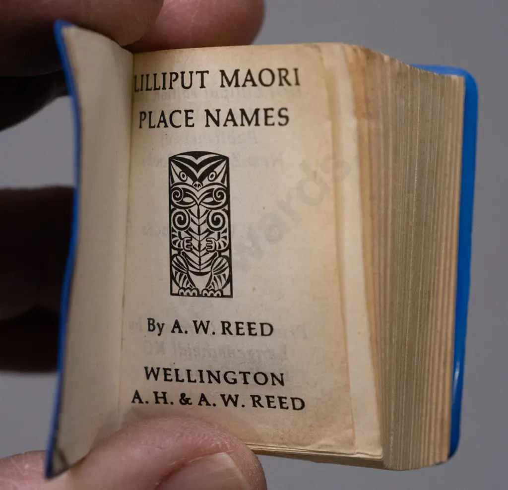 miniature Lilliput Maori Place Names book in mixed timber sovereign ware tiki motif holder - book 1962 AW & AH Reed H-70 Image 1++