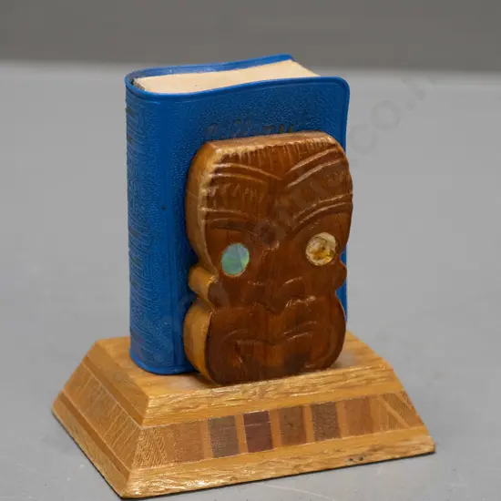 miniature Lilliput Maori Place Names book in mixed timber sovereign ware tiki motif holder - book 1962 AW & AH Reed H-70