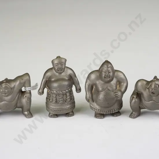 4 small heavy cast metal sumo wrestler figures - fine detailing, no maker's marks - tallest is H-55