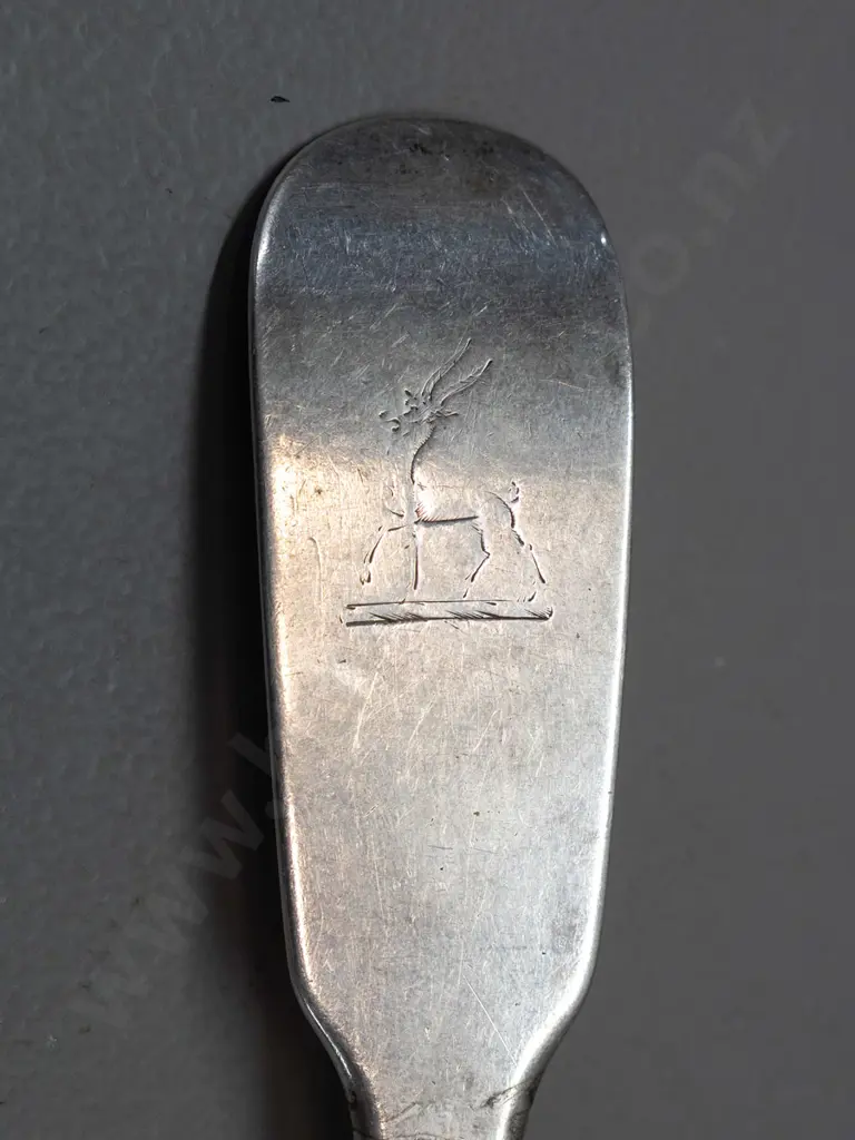 vintage hallmarked Irish silver large rat-tail spoon with engraved stag's head crest to handle - 73 grams. Image 1++