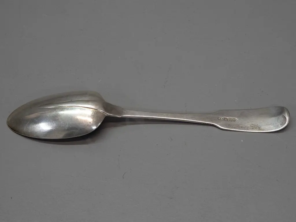 vintage hallmarked Irish silver large rat-tail spoon with engraved stag's head crest to handle - 73 grams. Image 1++