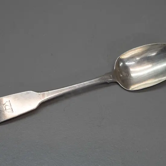 vintage hallmarked Irish silver large rat-tail spoon with engraved stag's head crest to handle - 73 grams.