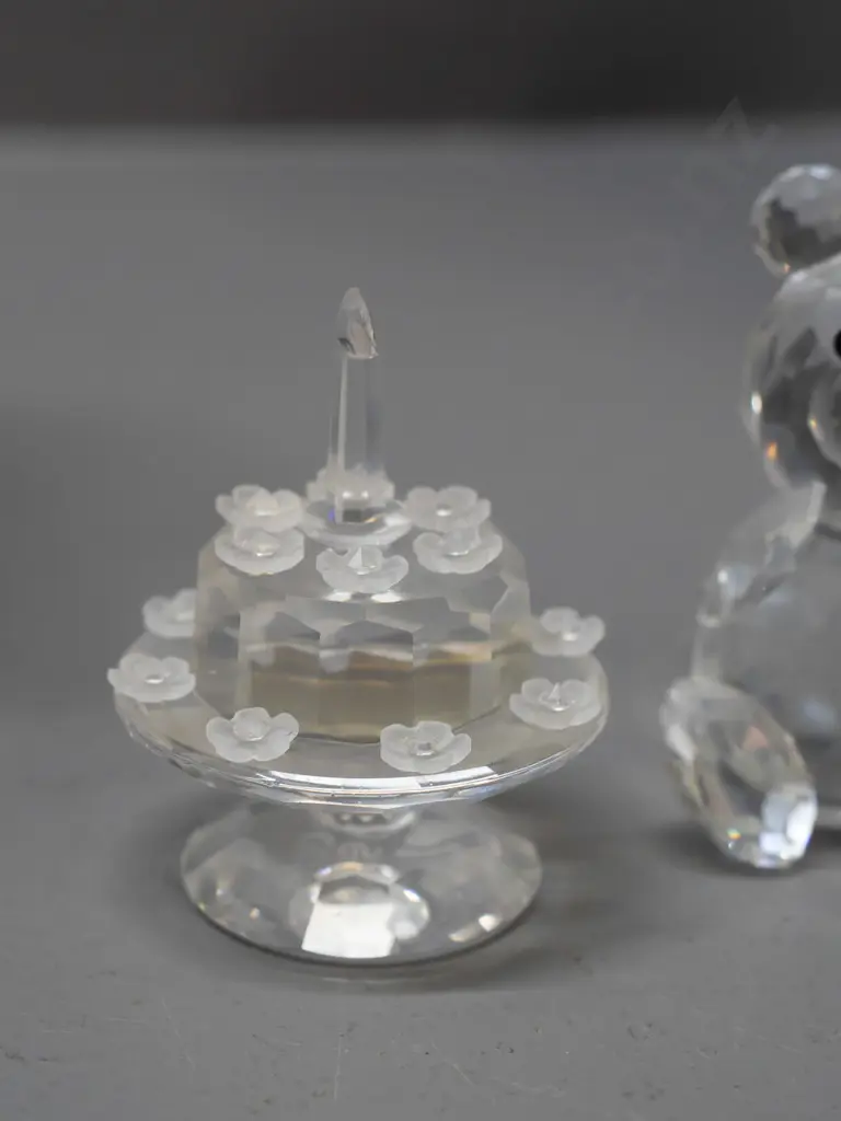 2 Swarovski crystal items - seated Teddy bear and 1992 birthday cake with one candle (5th anniversary of SC Collector's Image 1++