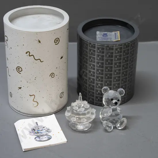 2 Swarovski crystal items - seated Teddy bear and 1992 birthday cake with one candle (5th anniversary of SC Collector's
