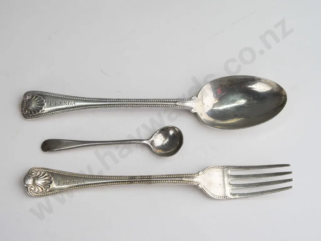 3 pieces of sterling silver cutlery - small King's pattern spoon L-155 & fork with "Brenda" engraved in handles, and a Image 1++