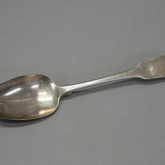 vintage hallmarked Irish silver large rat-tail spoon with engraved stag's head crest to handle - 78 grams - dent to bowl