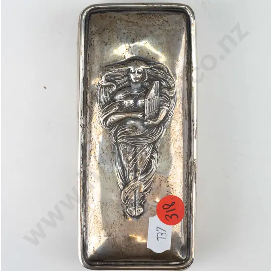vintage sterling silver trinket box with relief nouveau style figure in hinged lid - hallmarked w/date code 'd' for 1903