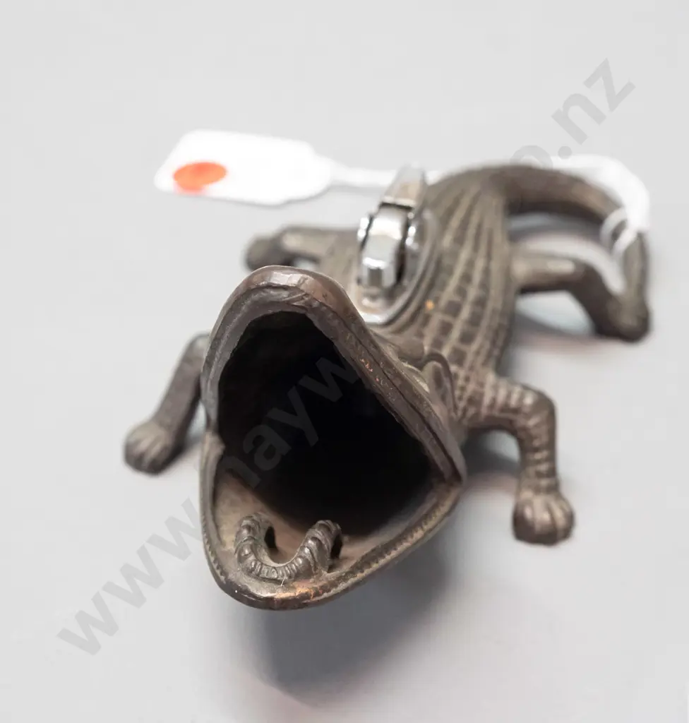 cast metal stylized alligator or lizard combination table lighter / ashtray. Some corrosion to chrome lighter H-75 L-150 Image 1++