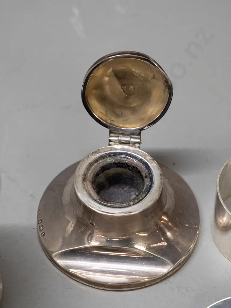 sterling silver items - inkwell with glass liner and 1922 inscription on lid, small cup or mug, 2 teaspoons and 2 napkin Image 1++