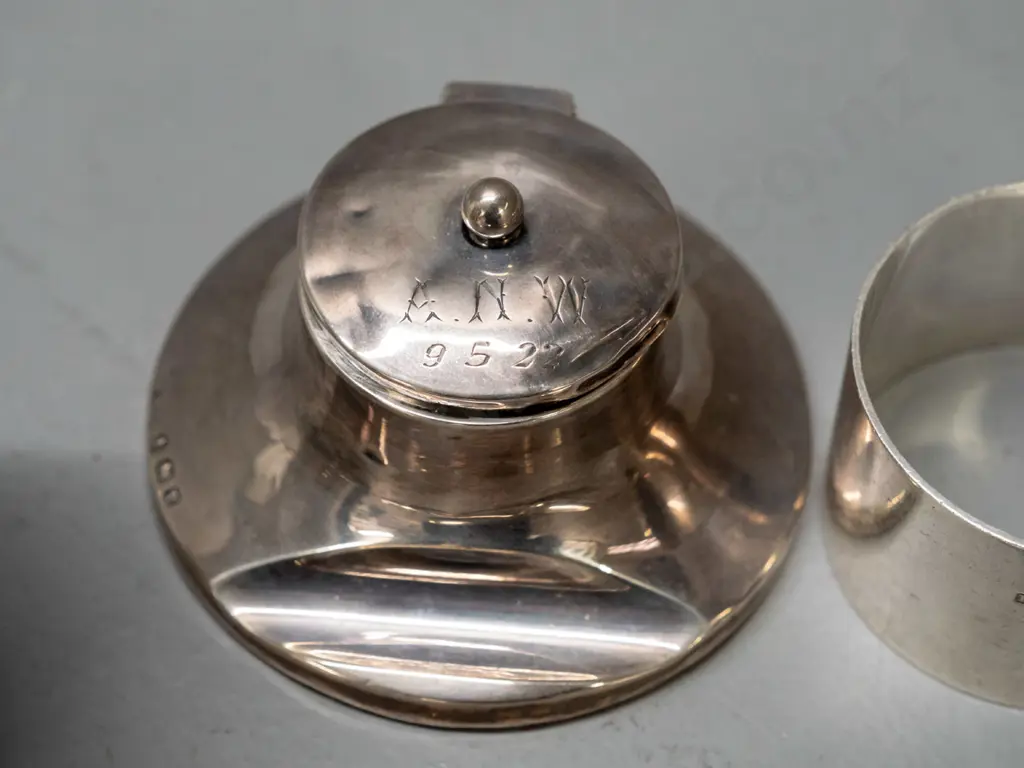 sterling silver items - inkwell with glass liner and 1922 inscription on lid, small cup or mug, 2 teaspoons and 2 napkin Image 1++