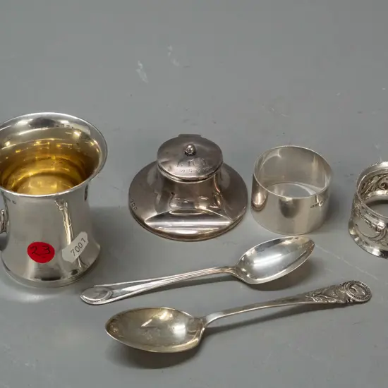 sterling silver items - inkwell with glass liner and 1922 inscription on lid, small cup or mug, 2 teaspoons and 2 napkin