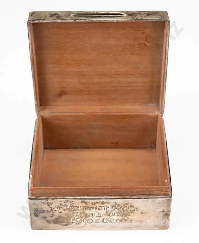 vintage sterling silver wood-lined cigarette box w/ hinged lid, 1907 presentation engraving on front - Tun. Wells Golf Image 1++