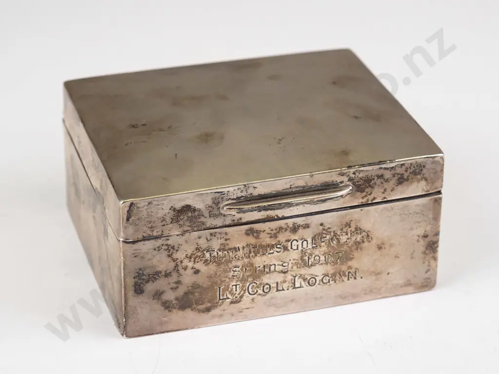 vintage sterling silver wood-lined cigarette box w/ hinged lid, 1907 presentation engraving on front - Tun. Wells Golf Image 1++