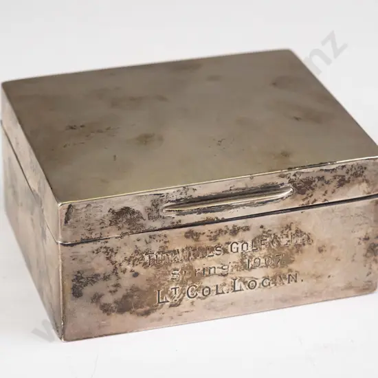 vintage sterling silver wood-lined cigarette box w/ hinged lid, 1907 presentation engraving on front - Tun. Wells Golf