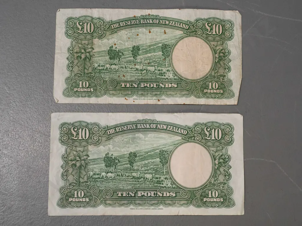2 Reserve Bank of New Zealand 10 pound notes - Hanna signatures - both with usage wear, slight tear to one Image 1++