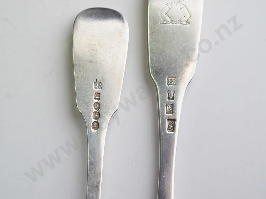 2 sterling silver forks, similar shape, different hallmarks, one w/ etched crest slightly larger L-210. 143 grams total Image 1++