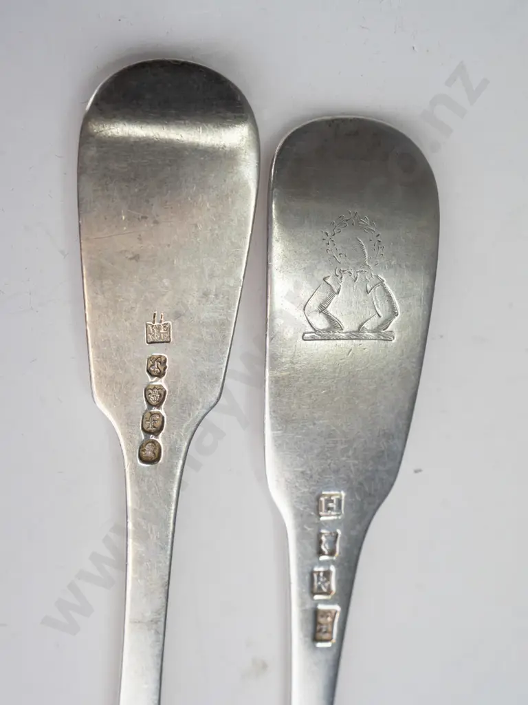 2 sterling silver forks, similar shape, different hallmarks, one w/ etched crest slightly larger L-210. 143 grams total Image 1++