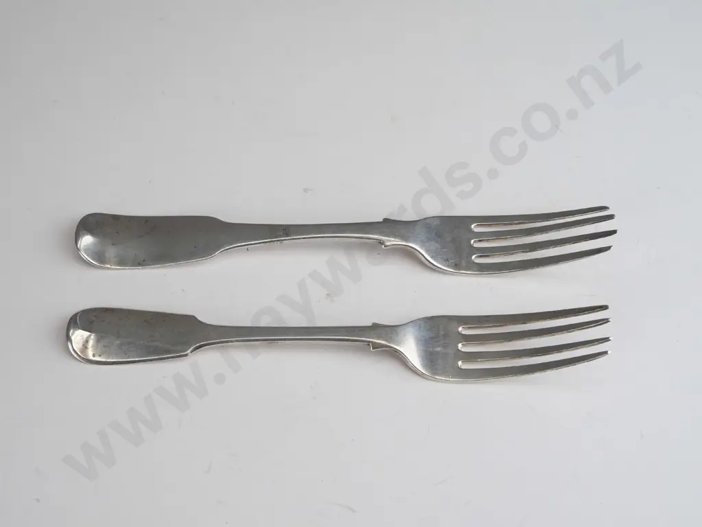 2 sterling silver forks, similar shape, different hallmarks, one w/ etched crest slightly larger L-210. 143 grams total Image 1++