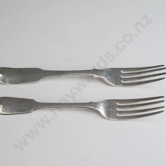 2 sterling silver forks, similar shape, different hallmarks, one w/ etched crest slightly larger L-210. 143 grams total