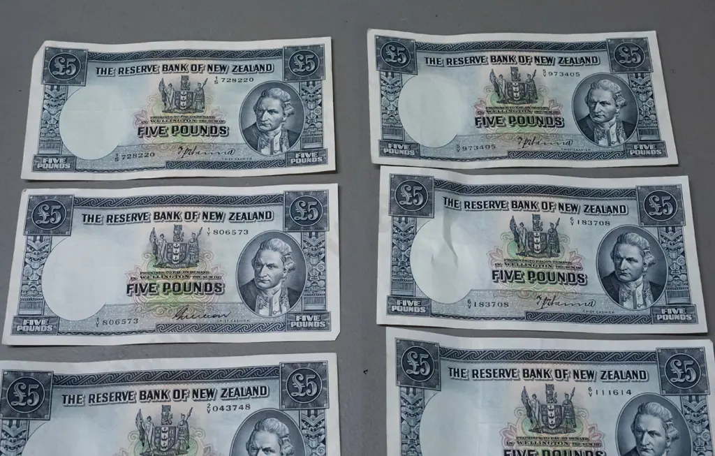 8 Reserve Bank of New Zealand 5 pound notes - varying conditions, some usage wear Image 1++