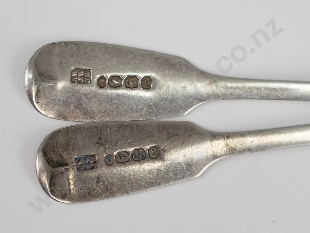 2 small hallmarked sterling silver spoons with monogram & Exeter marks and set of 6 silver plated forks and knives with Image 1++
