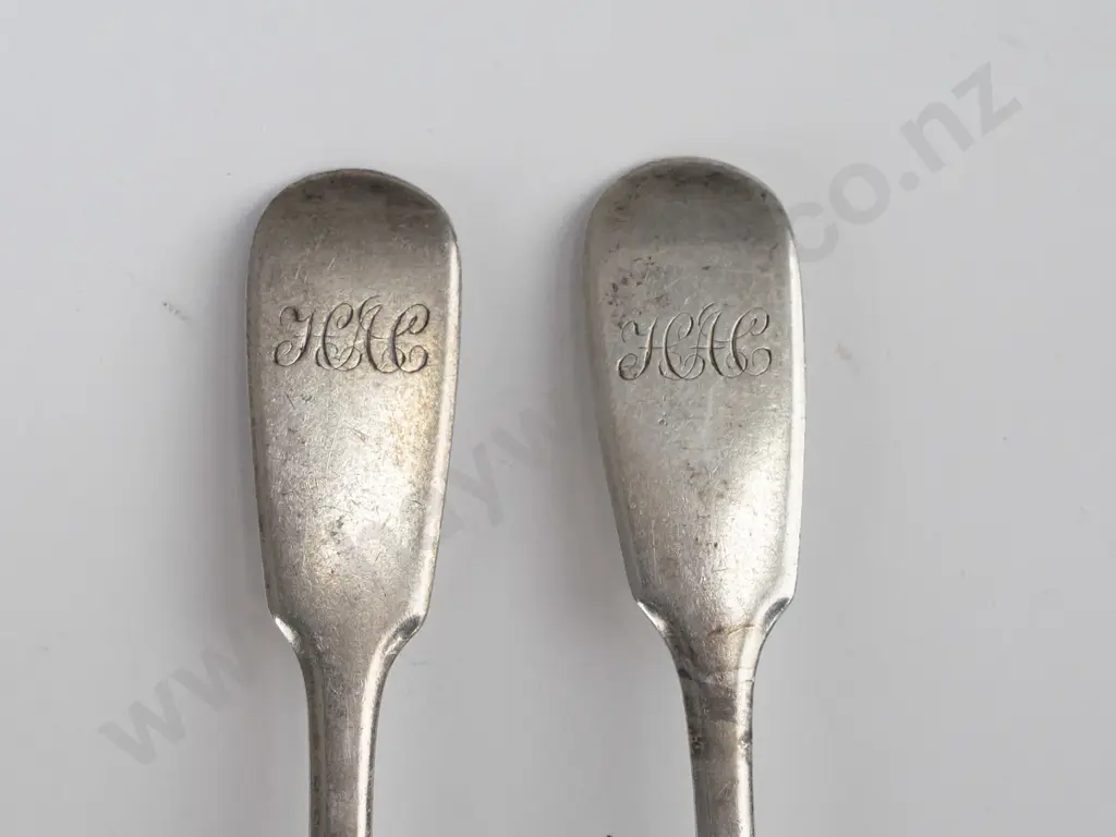 2 small hallmarked sterling silver spoons with monogram & Exeter marks and set of 6 silver plated forks and knives with Image 1++