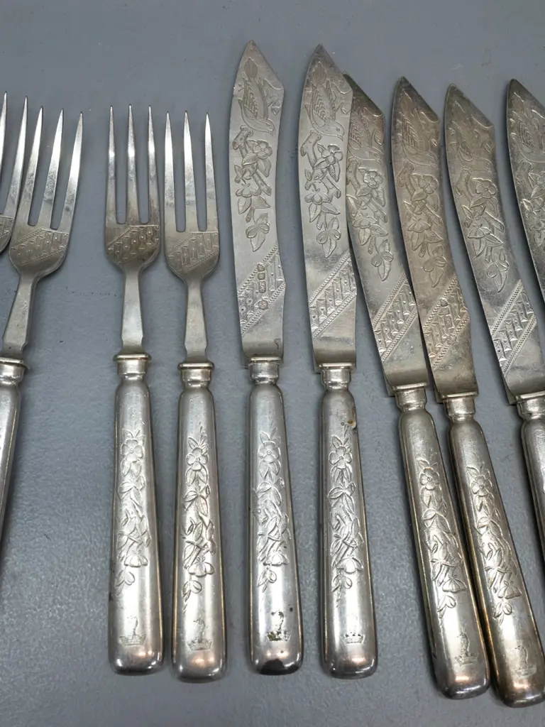 2 small hallmarked sterling silver spoons with monogram & Exeter marks and set of 6 silver plated forks and knives with Image 1++