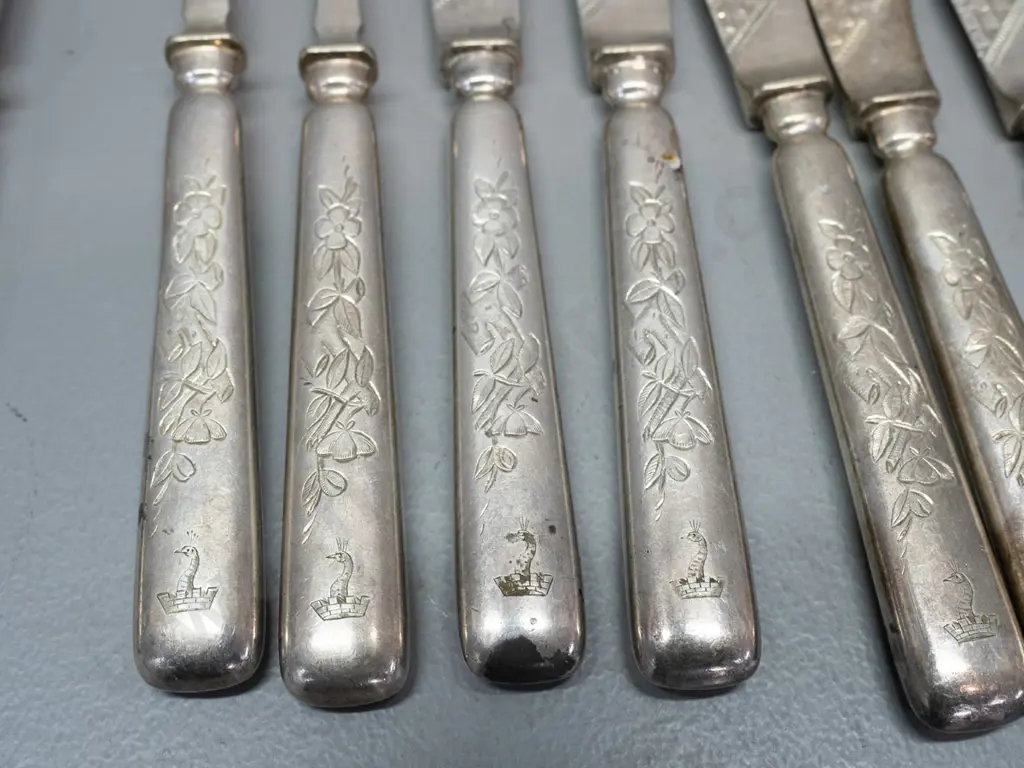 2 small hallmarked sterling silver spoons with monogram & Exeter marks and set of 6 silver plated forks and knives with Image 1++
