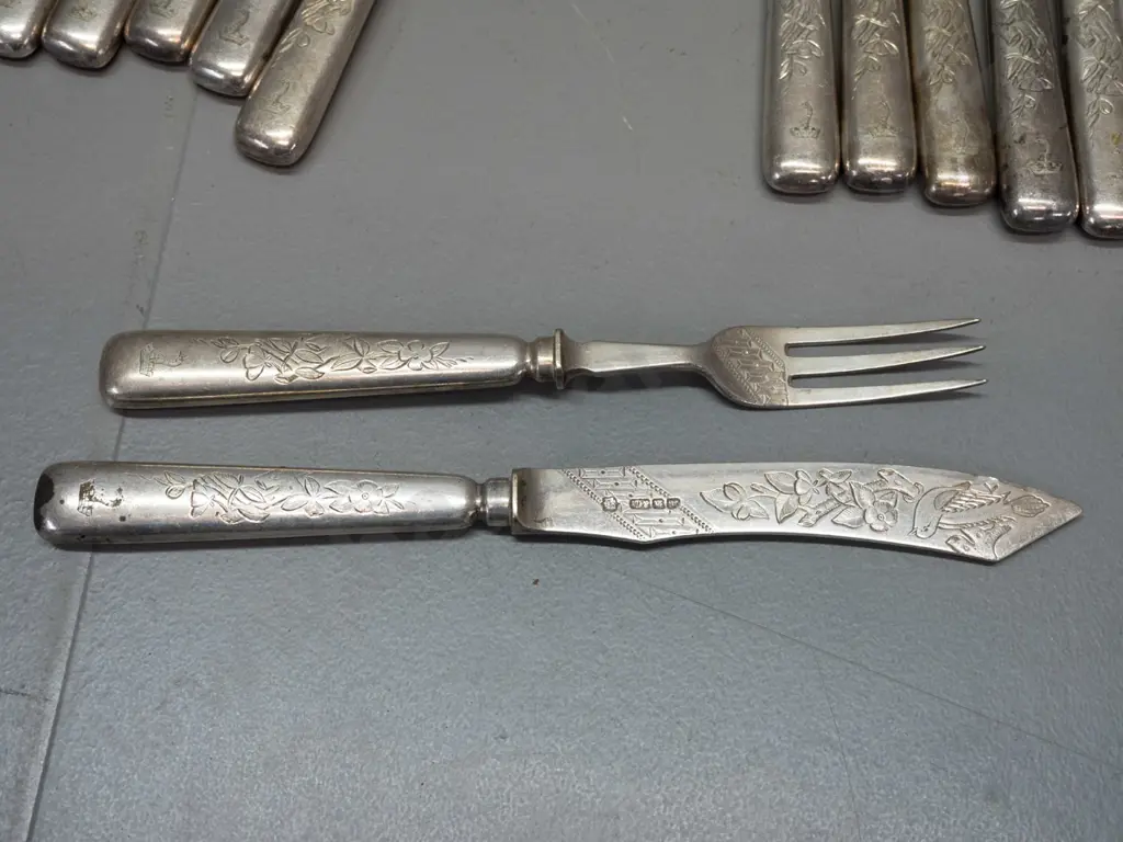 2 small hallmarked sterling silver spoons with monogram & Exeter marks and set of 6 silver plated forks and knives with Image 1++