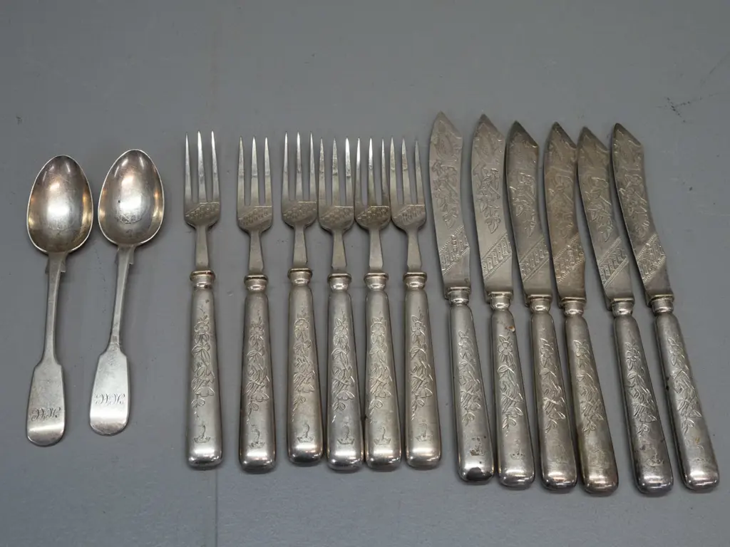 2 small hallmarked sterling silver spoons with monogram & Exeter marks and set of 6 silver plated forks and knives with Image 1++