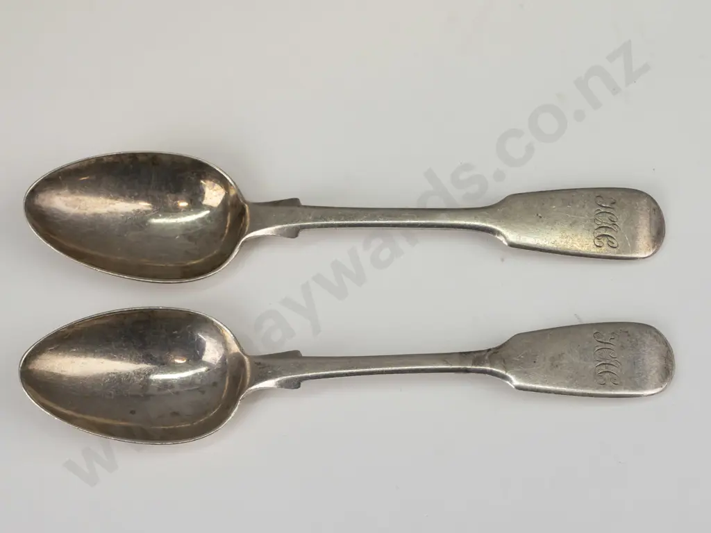 2 small hallmarked sterling silver spoons with monogram & Exeter marks and set of 6 silver plated forks and knives with Image 1++