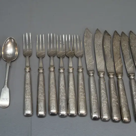 2 small hallmarked sterling silver spoons with monogram & Exeter marks and set of 6 silver plated forks and knives with