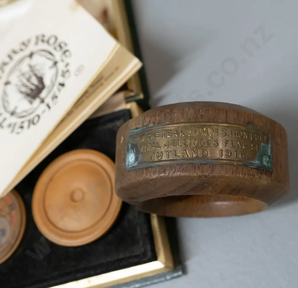 cased Mary Rose replica pocket sundial with pamphlet and a teak ring with plaque - from teak of HMS Iron Duke, Admiral Image 1++