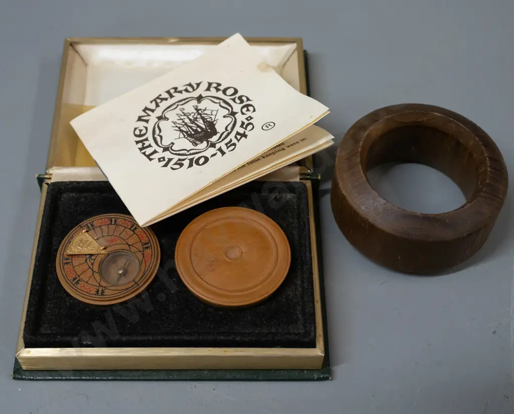 cased Mary Rose replica pocket sundial with pamphlet and a teak ring with plaque - from teak of HMS Iron Duke, Admiral Image 1++
