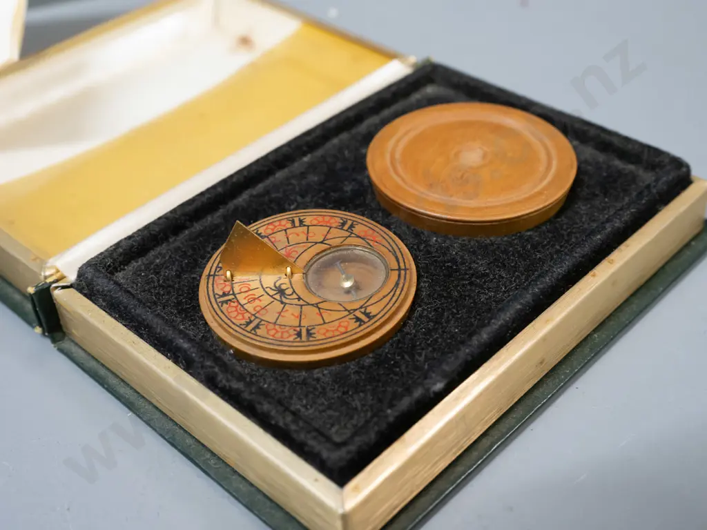 cased Mary Rose replica pocket sundial with pamphlet and a teak ring with plaque - from teak of HMS Iron Duke, Admiral Image 1++