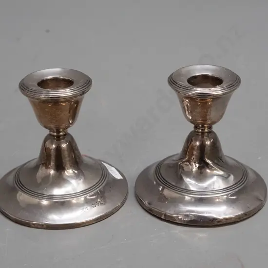 pair of sterling silver short candlesticks with oak base inserts - hallmarked inside sconces and at base - some denting