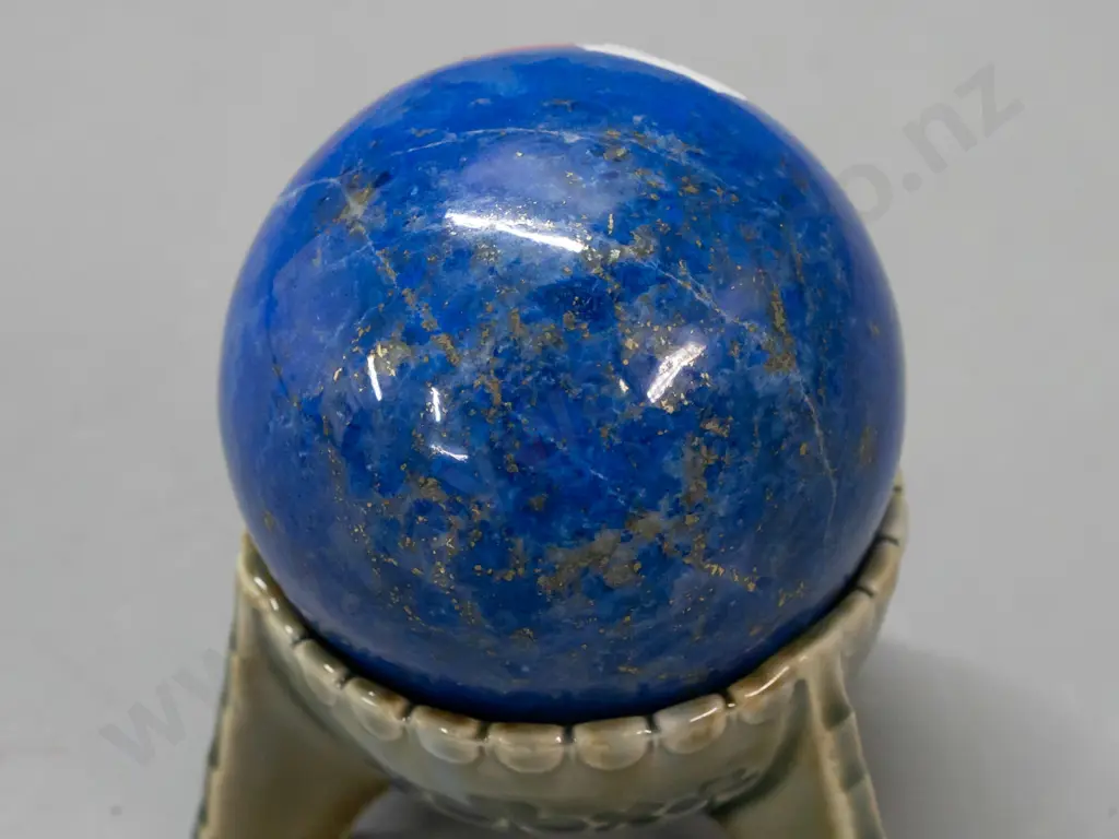 polished lapis lazuli sphere in Irish porcelain 3-footed bowl / stand - sphere approx. D-70 Image 1++