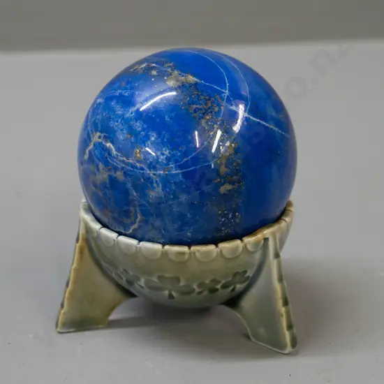 polished lapis lazuli sphere in Irish porcelain 3-footed bowl / stand - sphere approx. D-70