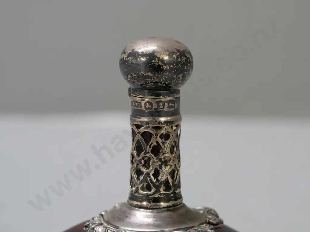 vintage ruby cut glass scent bottle with hallmarked sterling silver pierced collar and lid, small glass stopper. Image 1++