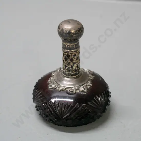 vintage ruby cut glass scent bottle with hallmarked sterling silver pierced collar and lid, small glass stopper.