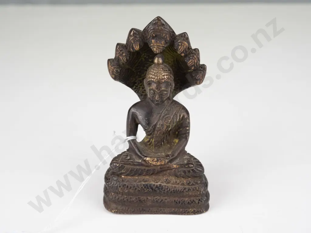 cast bronze or brass small Naga Buddha with snake shield back, patinated finish H-120 W-70 Image 1++