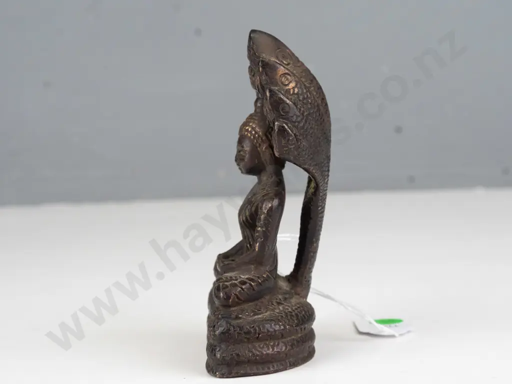 cast bronze or brass small Naga Buddha with snake shield back, patinated finish H-120 W-70 Image 1++