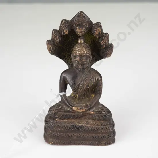 cast bronze or brass small Naga Buddha with snake shield back, patinated finish H-120 W-70