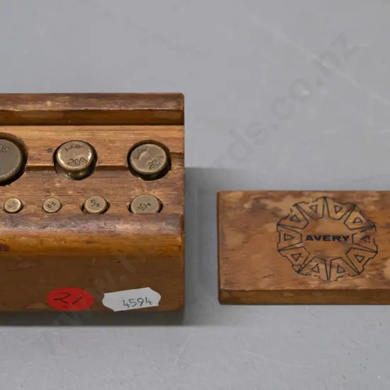 set of smal; Avery scale weights in fitted wooden case - from 1 gram to 50 gram - some water staining to wood. H-45 W-70
